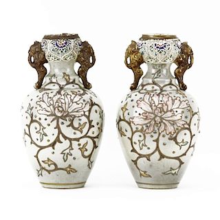 Pair of Early 20th Century Asian Pottery Vases with Raised Decoration, Possibly Japanese