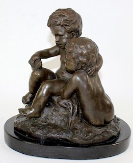 Bronze sculpture with 2 babies on marble base