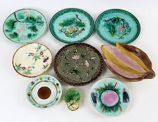 Grouping of 9 vintage Majolica pieces