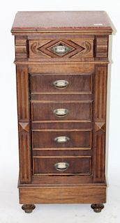 French Henri II walnut chevet with marble top