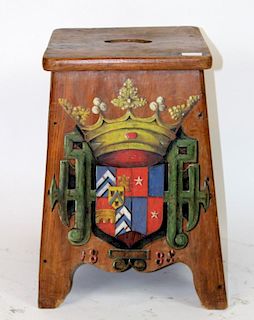French  painted wooden stool with coat of arms