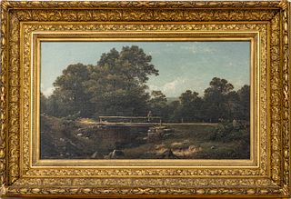 DAVID JOHNSON, AMER. 1827 - 08, OIL ON CANVAS, NEW YORK, H 14.4" W 24.4" "OLD KATES BRIDGE, RIFTON GLEN" 