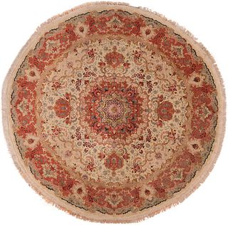 Wool And Silk Vintage Persian Tabriz Round Rug 10 ft x 10 ft (3.04 m x 3.04 m)
