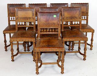Set of 8 French walnut side chairs with tooled leather