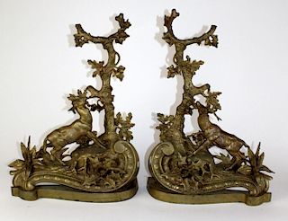 Pair of French bronze hunt motif andirons