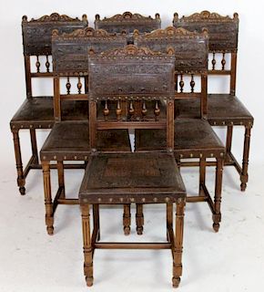 Set of 6 French walnut side chairs with tooled leather