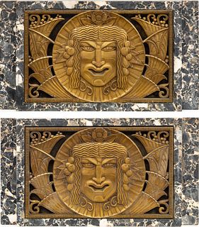 AMERICAN ART DECO BRONZE AND MARBLE PLAQUES PAIR H 13.5" W 25" D 3" FISHER BLDG. SCULPTURES 