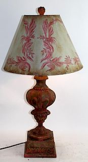 Distressed carved wooden finial lamp