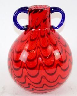 Red swirl art glass vase with double handle