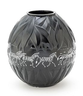 Lalique (French) Black Glass Tanzania, H 8'' Dia. 8''