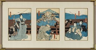 Japanese Woodblock Prints On Paper, Triptych,  1850, Kabuki Actors, H 14'' W 9.5''