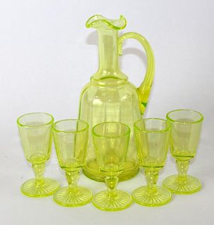 Vintage Vaseline glass decanter with 5 glasses