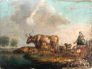 Dutch Oil On Beveled Wood Panel  Mid 18th C., Farmer Tending Cows, H 8.75'' W 11.75''