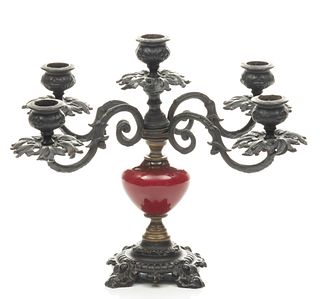 Metal And Ceramic Candleabras C. 1920, H 9'' W 10'' 1 pc
