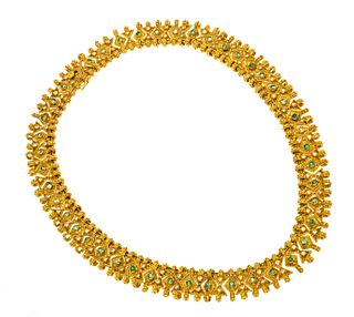 18k Gold, Diamond And Emerald Necklace, L 16''
