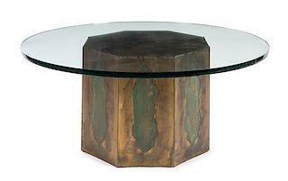 A Brass Clad Octagonal Low Table, Laverne Height 16 1/2 x diameter 21 inches.