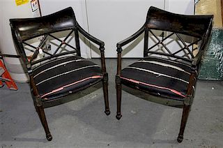 A Pair of Lacquered Open Arm Chairs Height 34 inches.