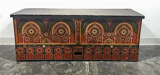 A Northern European Painted Bench. Height 20 1/2 x width 51 3/4 x depth 14 3/4 inches.