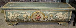 A Venetian Style Painted Chest Height 21 1/2 x width 65 1/4 x depth 19 inches.