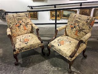 A Pair of George II Style Mahogany Library Chairs. Height 38 x width 28 1/4 x depth 29 1/2 inches.