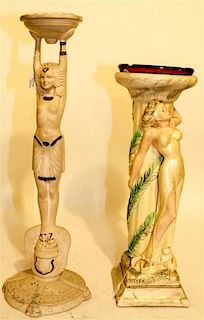 Two Art Deco Plaster Figural Stands Height of taller 38 3/4 inches.