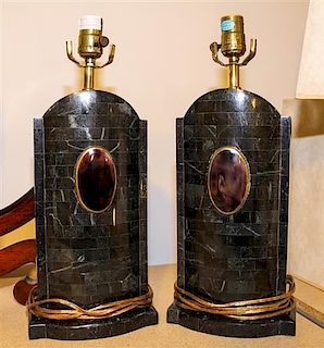 A Pair of Stone Veneered Table Lamps Height 28 1/4 inches.