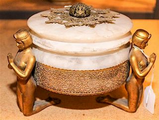 An Egyptian Revival Art Deco Gilt Metal Mounted Alabaster Bowl Height overall 6 1/4 inches.