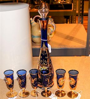 A Bohemian Style Enameled Cobalt Glass Drink Set Height of tallest 14 inches.