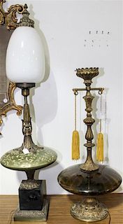 Two Associated Mid Century Glass and Brass Table Lamps. Height of tallest without shade 34 inches.