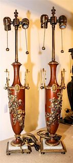 A Pair of Patinated Gilt Bronze Lamps Height of vases 16 inches.