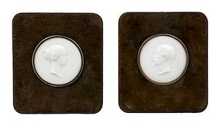 A Pair of Continental Bisque Porcelain Profile Medallions Height of porcelain 3 inches.