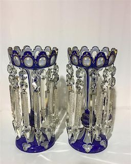 A Pair of Bohemian Double Overlay Glass Girandoles. Height 13 inches.