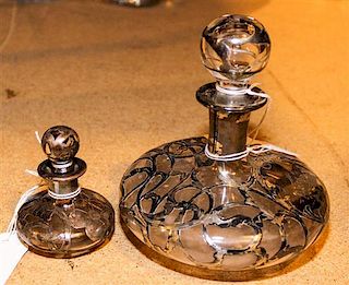 Two Silver Overlay Glass Bottles Height of taller 4 3/4 inches.