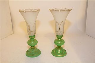A Pair of Gilt Decorated Opal Glass Trumpet Vases Height 12 inches.