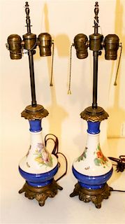 A Pair of Gilt Metal Mounted Porcelain Lamps Height 24 inches.
