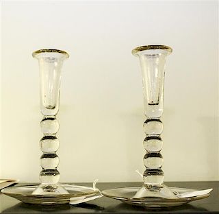 A Pair of Blown Glass Candlesticks Height of each 7 1/4 inches.