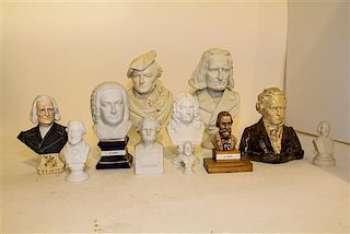 A Collection of Bisque, Stone and Composite Busts Height of tallest 12 inches.