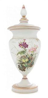 * An Enameled Opaline Glass Urn Height 18 3/4 inches.