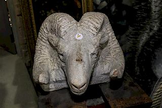 * A Carved Sculpture of a Ram's Head Width 18 inches.