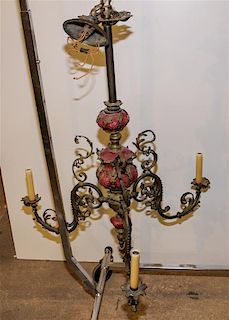 A Victorian Gilt Brass Three-Light Fixture Height 36 inches (overall).