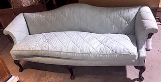 * A Georgian Style Mahogany Camelback Sofa Height 36 1/2 x width 87 1/2 x depth 24 1/2 inches.