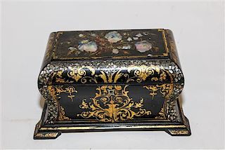 A Victorian Mother of Pearl Inset Lacquered Tea Caddy Width 10 1/4 inches.