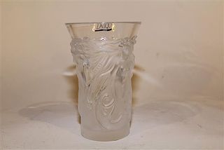 A Lalique Molded and Frosted Glass Vase Height 7 inches.
