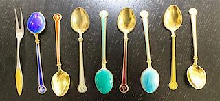 A Set of Eight Norwegian Enameled Silver Demitasse Spoons, David Andersen, together with an enameled Danish enameled lemon fo