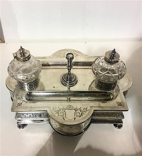 A Victorian Silver-Plate Standish, Probably Parkin & Marshall, Sheffield, with cut glass ink pots and bright cut vines issuin