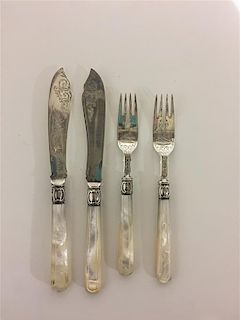 A Victorian Silver Fish Service, , with mother-of-pearl handles and engraved sea motifs, comprising: 6 knives, John Gilbert, 