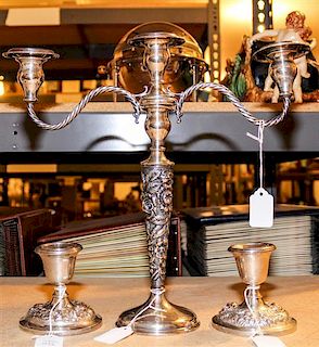 A Group of Three American Silver Candlesticks, Steiff Co., Baltimore, MD, Repousse pattern, comprising a pair of short and a 