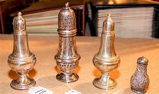 A Group of Four American Silver Casters, Various makers, each of baluster form, comprising a weighted pair and two others.