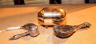A Group of Silver and Silver-Plate Children's Articles, , comprising a Gorham mother-of-pearl and silver rattle, another silv