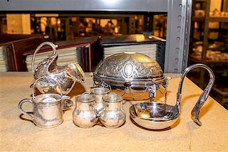 A Group of Seven Silver Plate Table Articles, , comprising a sugar and scoop, serving knife and fork, butter dish, curved lad